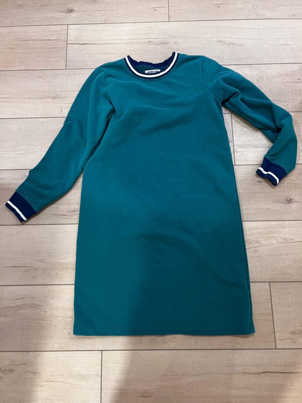 Long Sleeve Sweatshirt Dress with Navy Trim